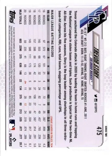 Trevor Story baseball card from 2021 Topps #475 with original gloss featuring Rockies