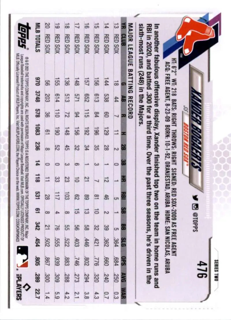 2021 Topps #476 Xander Bogaerts NM-MT Boston Red Sox Baseball Card