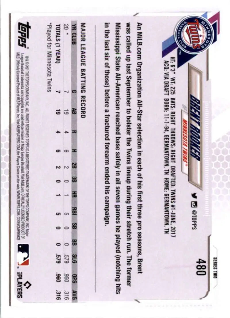 2021 Topps #480 Brent Rooker NM-MT RC Rookie Minnesota Twins Baseball Card - Baseball Card Single