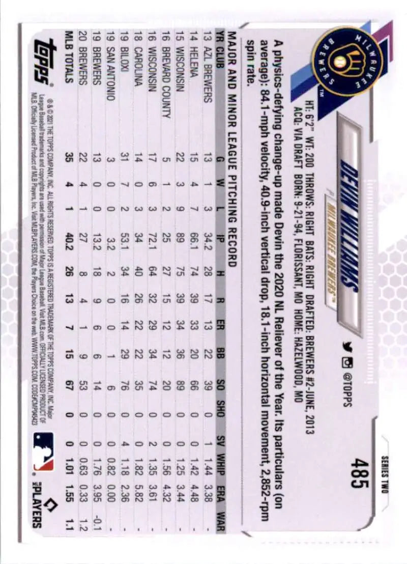 2021 Topps #485 Devin Williams NM-MT Milwaukee Brewers Baseball Card - Baseball Card Single