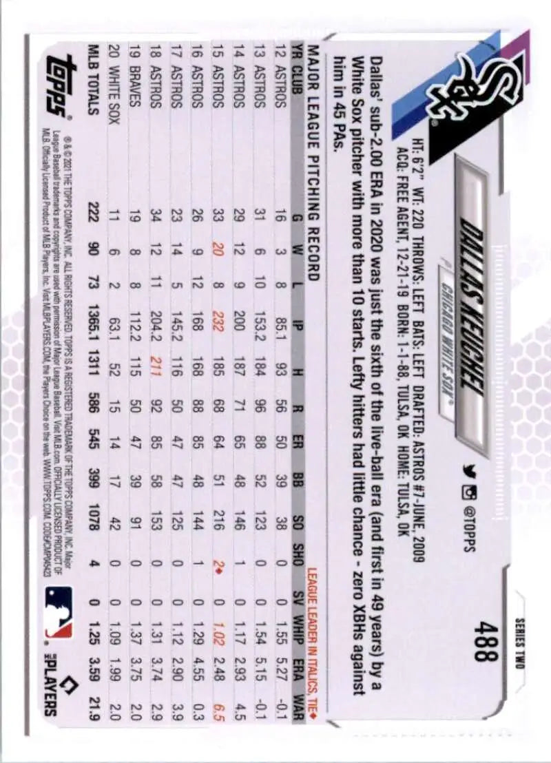 2021 Topps #488 Dallas Keuchel NM-MT Chicago White Sox Baseball Card - Baseball Card Single