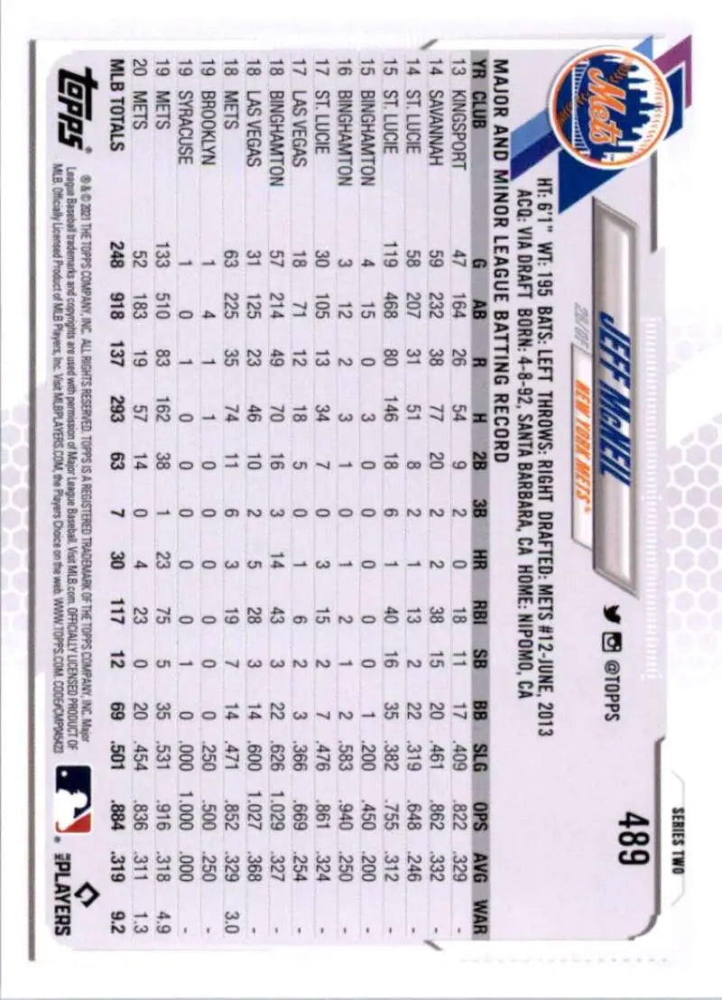 2021 Topps #489 Jeff McNeil NM-MT New York Mets Baseball Card - Baseball Card Single