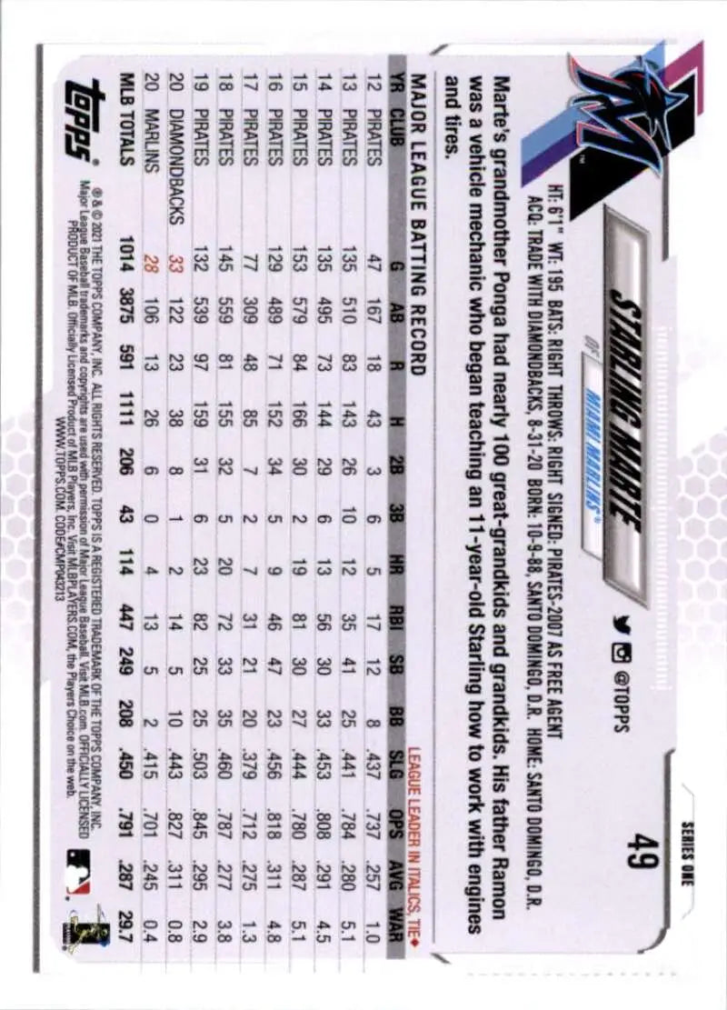 2021 Topps #49 Starling Marte NM-MT Miami Marlins Baseball Card - Baseball Card Single
