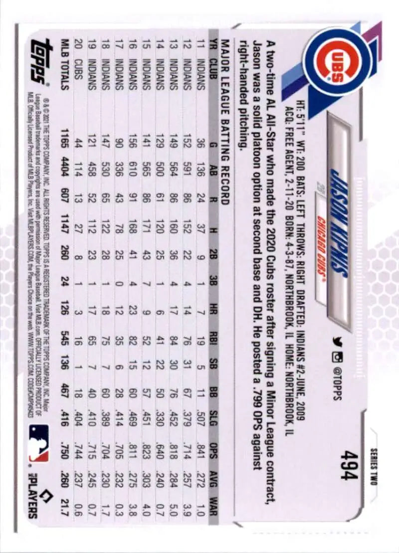 2021 Topps #494 Jason Kipnis NM-MT Chicago Cubs Baseball Card - Baseball Card Single