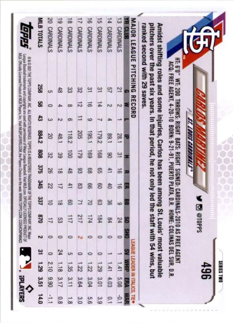 2021 Topps #496 Carlos Martinez NM-MT St. Louis Cardinals Baseball Card - Baseball Card Single