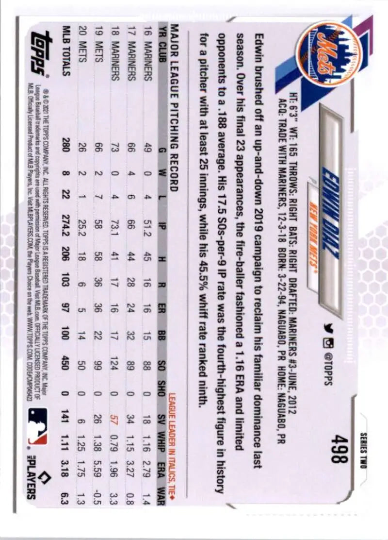 2021 Topps #498 Edwin Diaz NM-MT New York Mets Baseball Card - Baseball Card Single