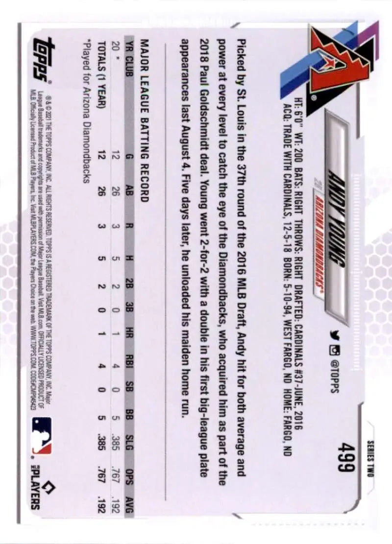 2021 Topps #499 Andy Young NM-MT RC Rookie Arizona Diamondbacks Baseball Card - Baseball Card Single