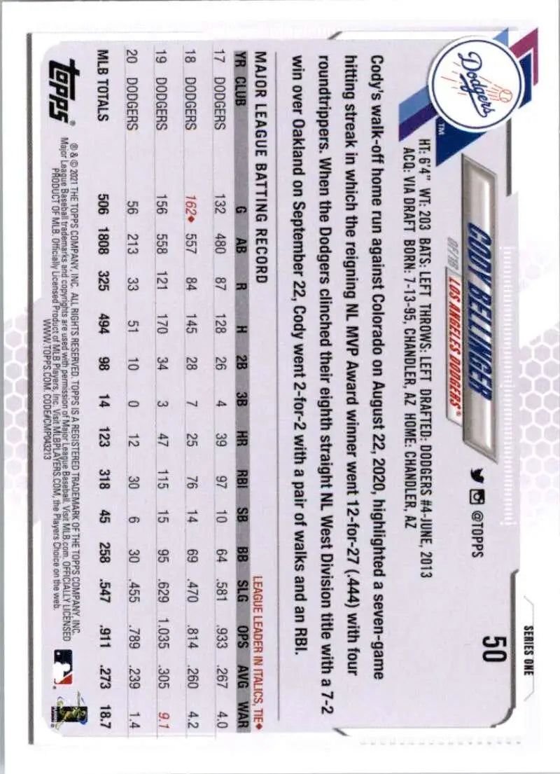 2021 Topps #50 Cody Bellinger NM-MT Los Angeles Dodgers Baseball Card - Baseball Card Single