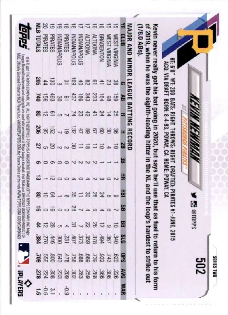 2021 Topps #502 Kevin Newman NM-MT Pittsburgh Pirates Baseball Card - Baseball Card Single