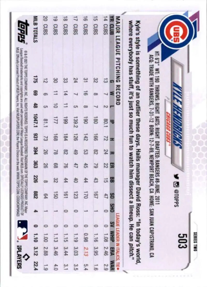 2021 Topps #503 Kyle Hendricks NM-MT Chicago Cubs Baseball Card - Baseball Card Single