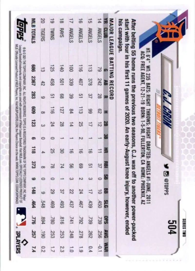 2021 Topps #504 C.J. Cron NM-MT Detroit Tigers Baseball Card - Baseball Card Single