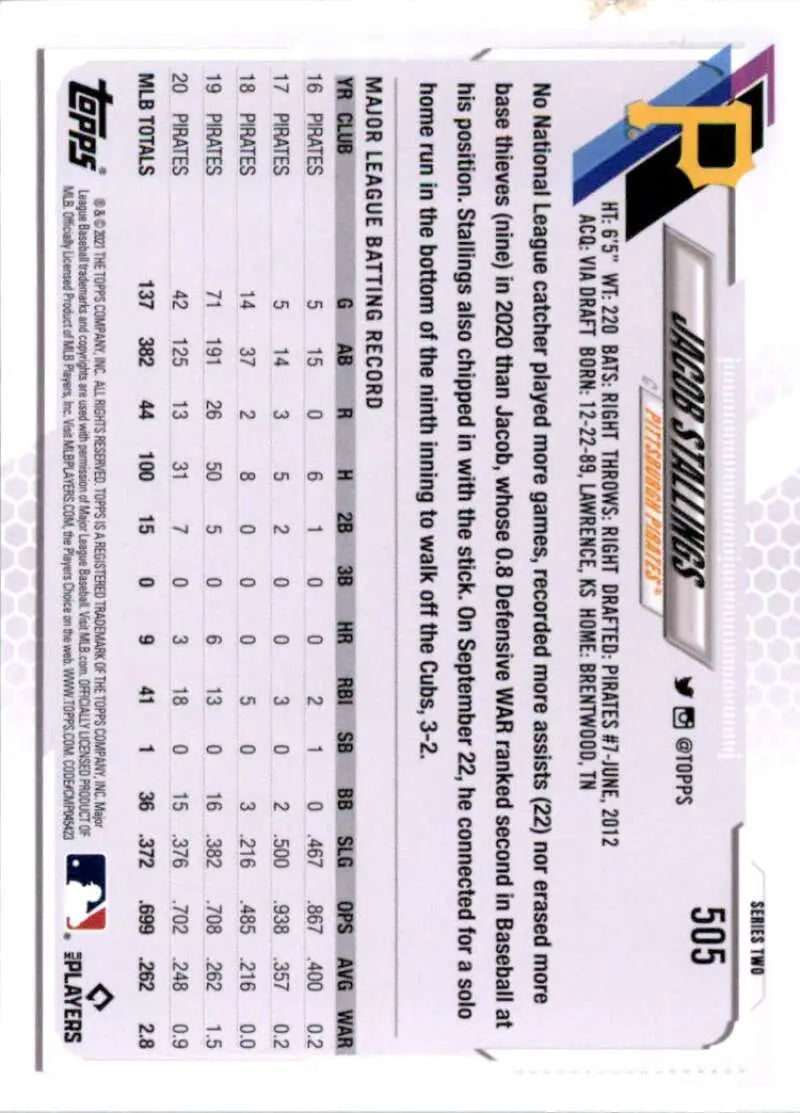 2021 Topps #505 Jacob Stallings NM-MT Pittsburgh Pirates Baseball Card - Baseball Card Single