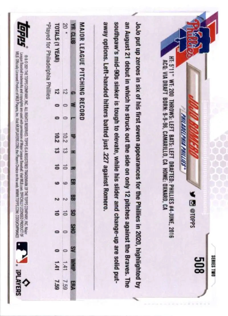 2021 Topps #508 Jojo Romero NM-MT RC Rookie Philadelphia Phillies Baseball Card - Baseball Card Single