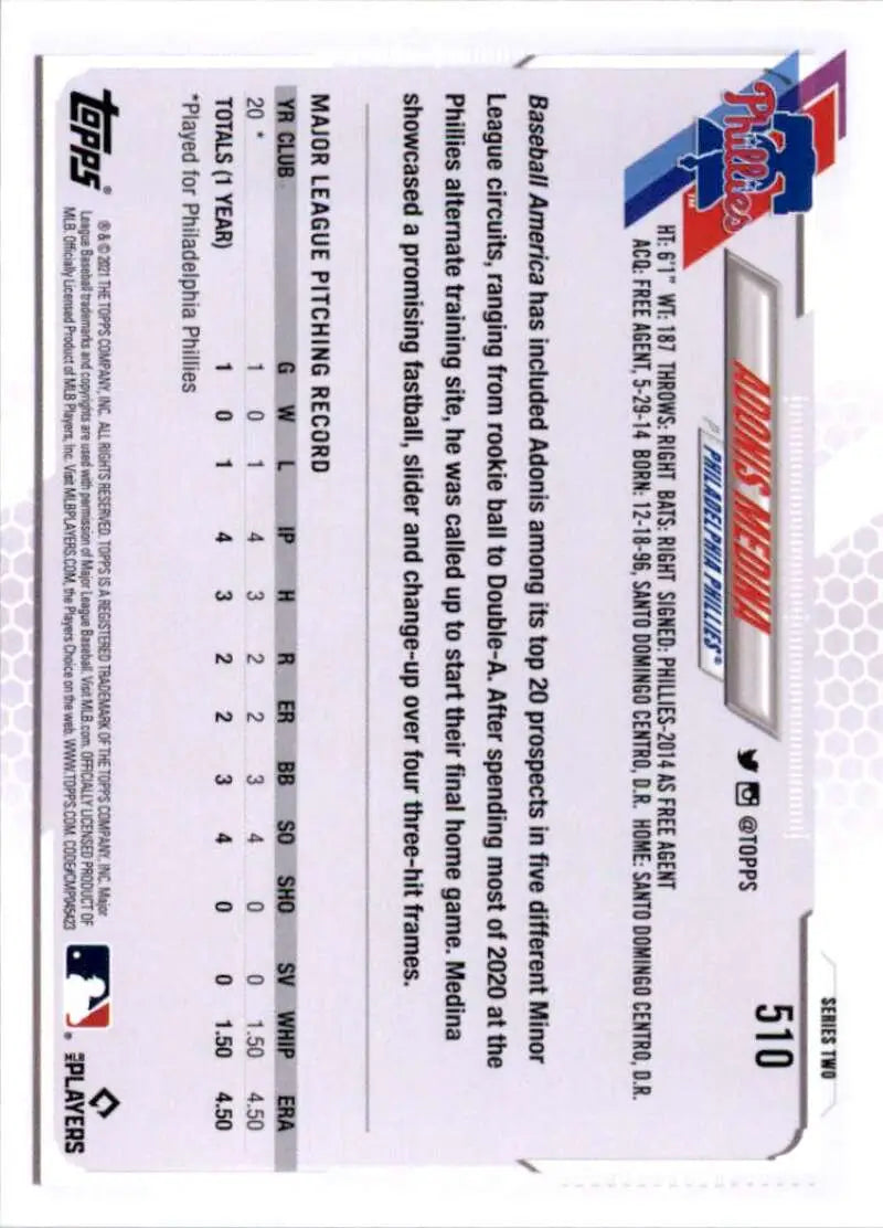 2021 Topps #510 Adonis Medina NM-MT RC Rookie Philadelphia Phillies Baseball Card - Baseball Card Single