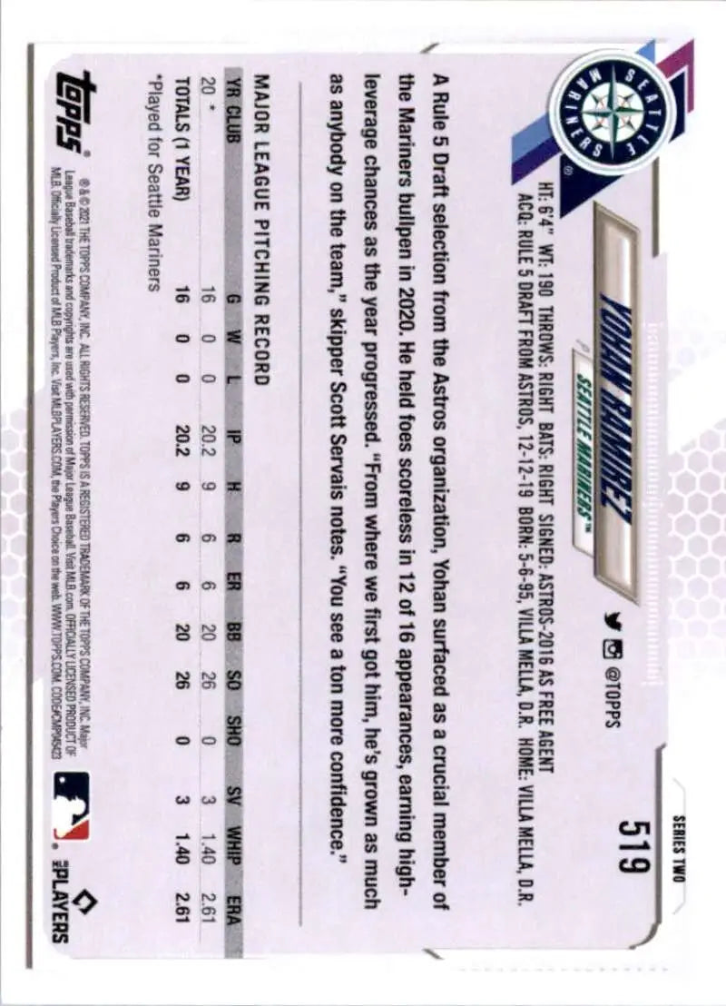 2021 Topps #519 Yohan Ramirez NM-MT RC Rookie Seattle Mariners Baseball Card - Baseball Card Single