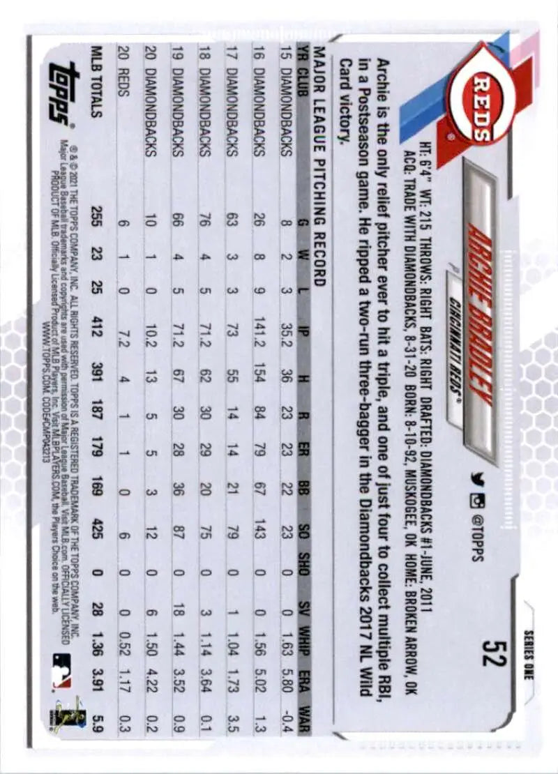 2021 Topps #52 Archie Bradley NM-MT Cincinnati Reds Baseball Card - Baseball Card Single