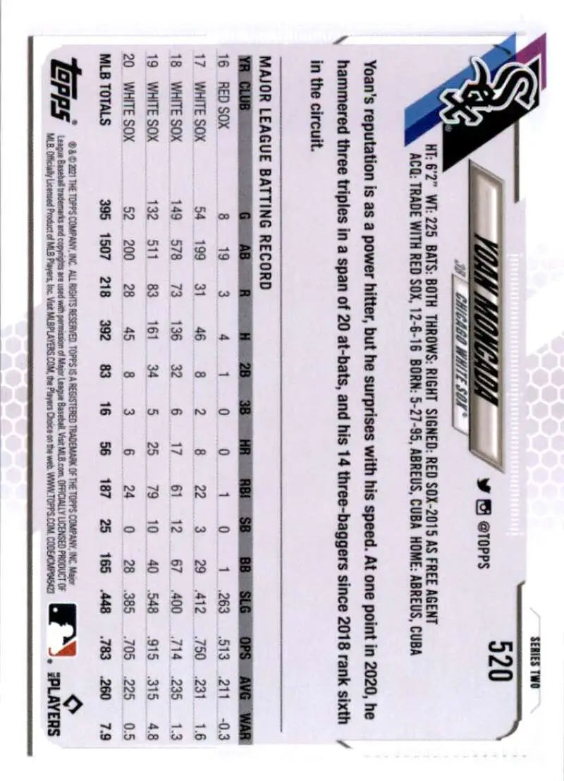2021 Topps #520 Yoan Moncada NM-MT Chicago White Sox Baseball Card - Baseball Card Single