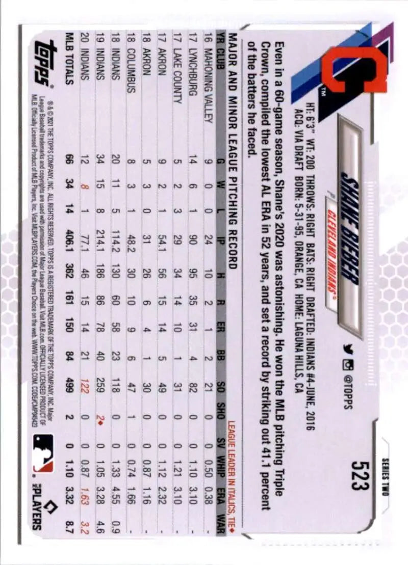 2021 Topps #523 Shane Bieber NM-MT Cleveland Indians Baseball Card - Baseball Card Single