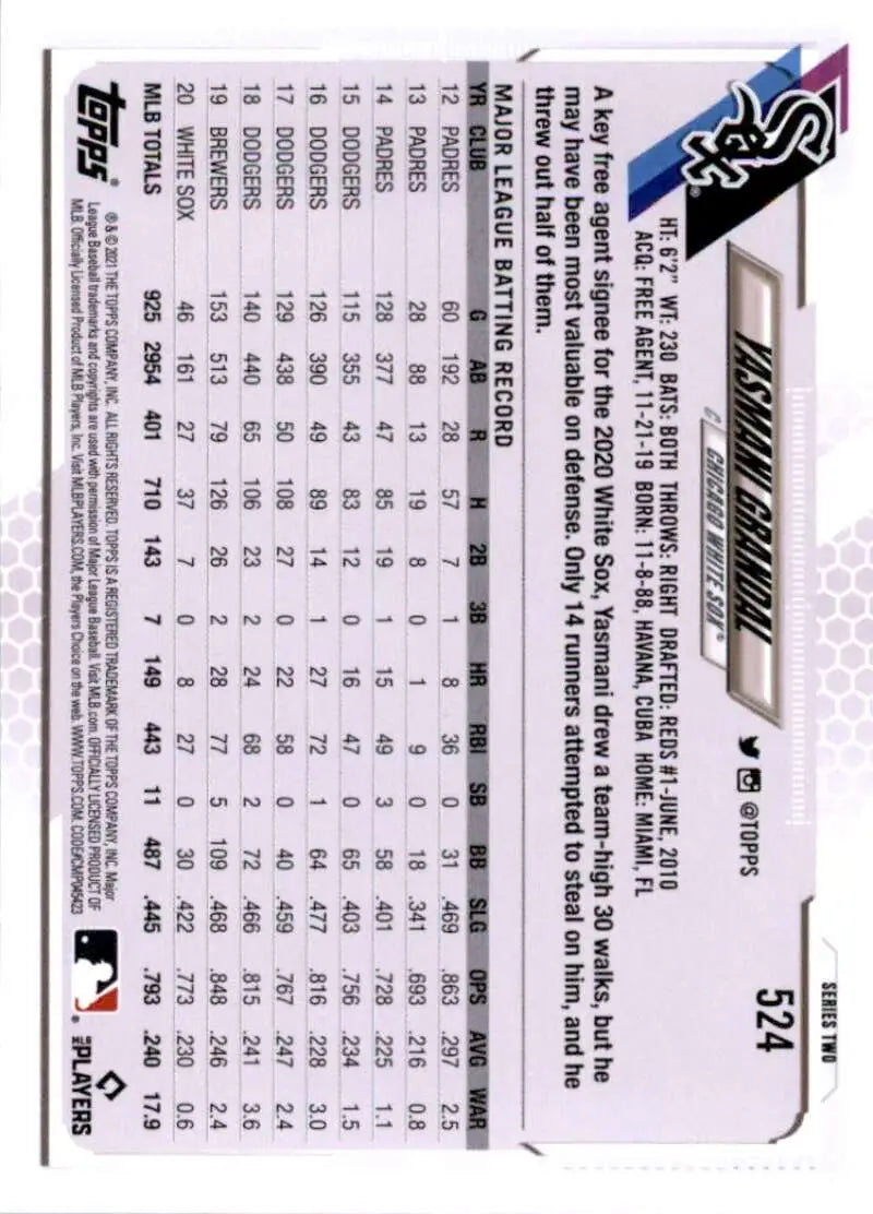 2021 Topps #524 Yasmani Grandal NM-MT Chicago White Sox Baseball Card - Baseball Card Single