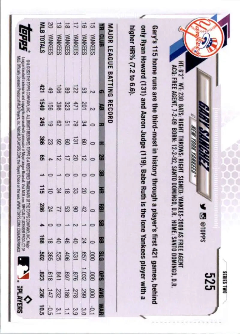 2021 Topps #525 Gary Sanchez NM-MT New York Yankees Baseball Card - Baseball Card Single