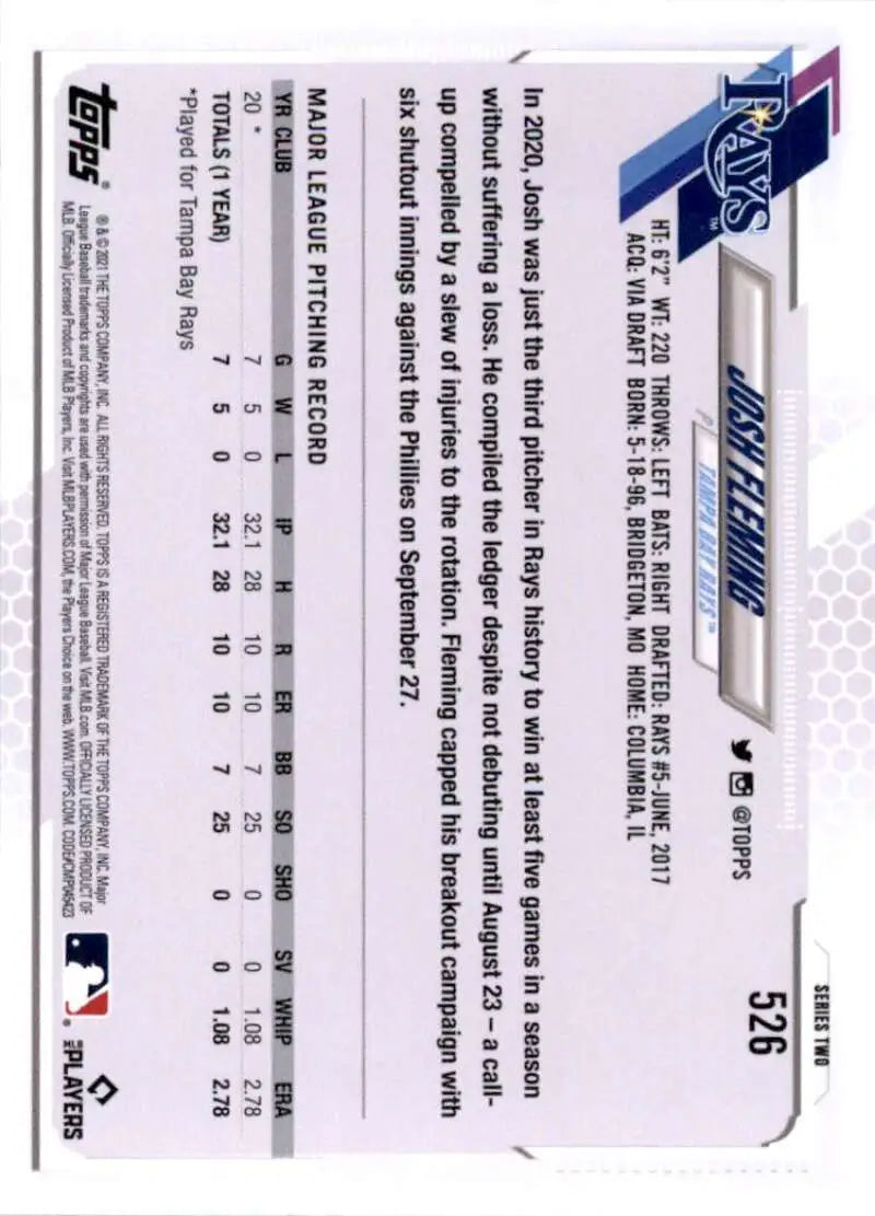 2021 Topps #526 Josh Fleming NM-MT RC Rookie Tampa Bay Rays Baseball Card - Baseball Card Single