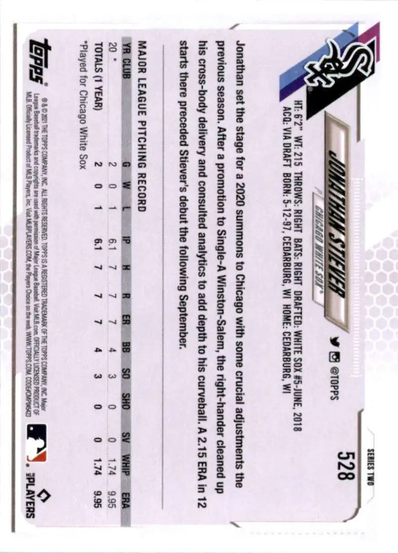 2021 Topps #528 Jonathan Stiever NM-MT RC Rookie Chicago White Sox Baseball Card - Baseball Card Single