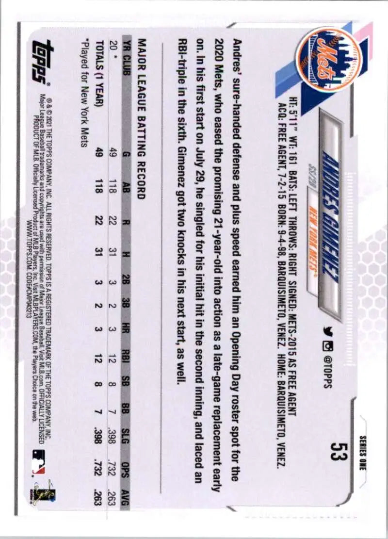 2021 Topps #53 Andres Gimenez NM-MT RC Rookie New York Mets Baseball Card - Baseball Card Single