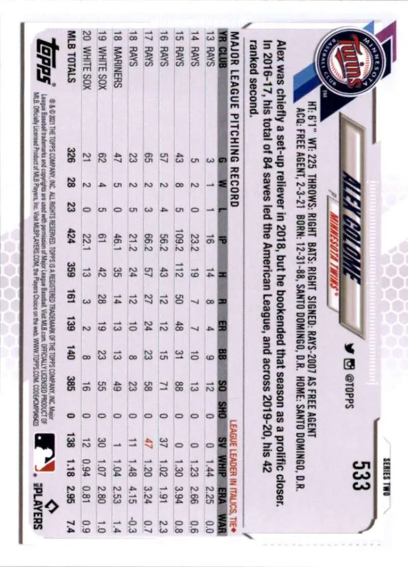 2021 Topps #533 Alex Colome NM-MT Minnesota Twins Baseball Card - Baseball Card Single