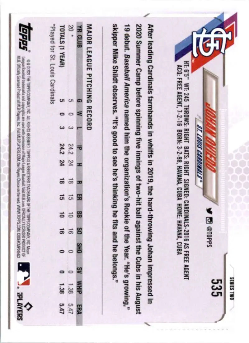 2021 Topps #535 Johan Oviedo NM-MT RC Rookie St. Louis Cardinals Baseball Card - Baseball Card Single