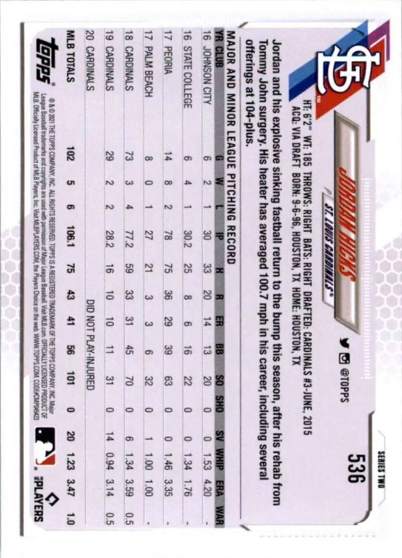 2021 Topps #536 Jordan Hicks NM-MT St. Louis Cardinals Baseball Card - Baseball Card Single