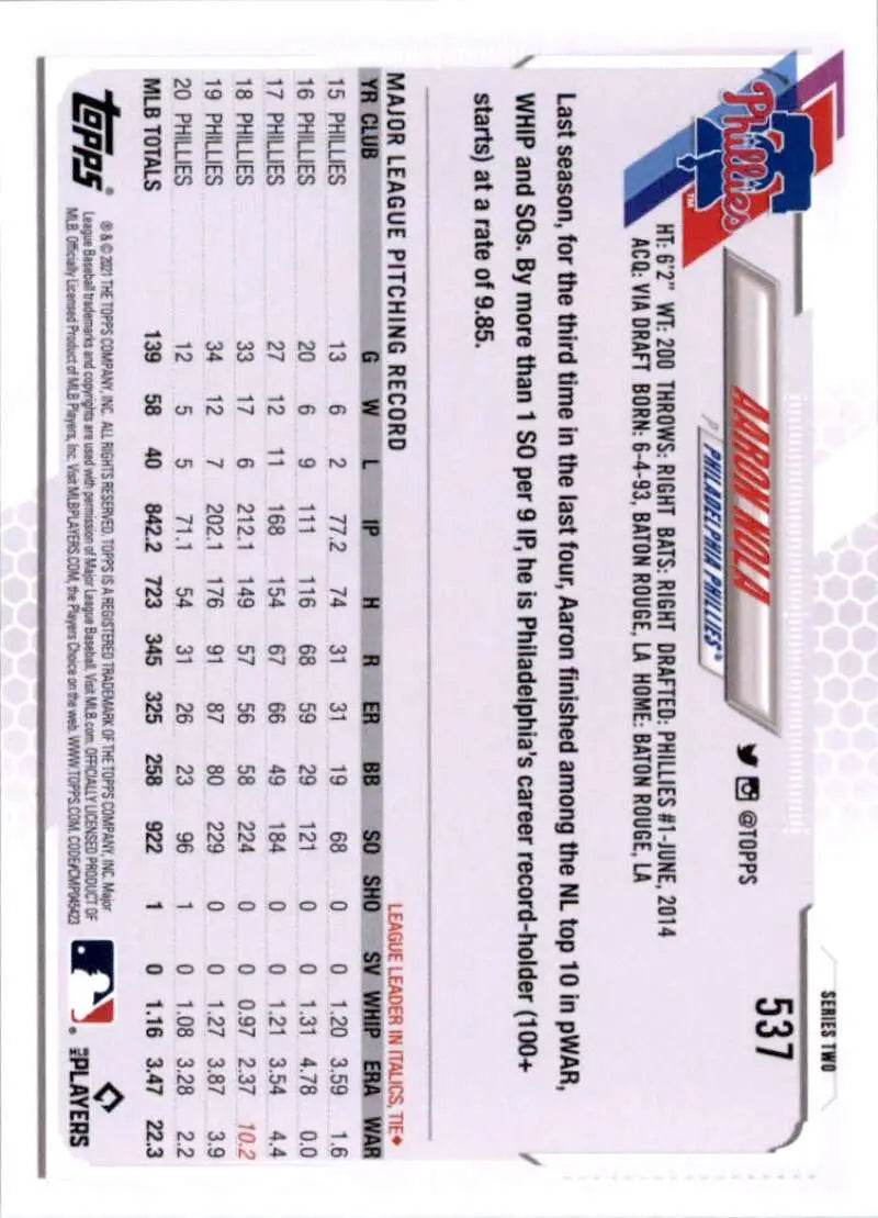 2021 Topps #537 Aaron Nola NM-MT Philadelphia Phillies Baseball Card - Baseball Card Single