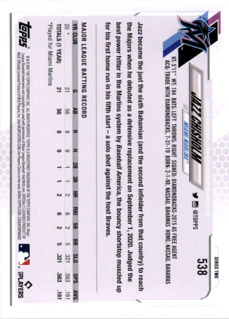 2021 Topps #538 Jazz Chisholm NM-MT RC Rookie Miami Marlins Baseball Card - Baseball Card Single