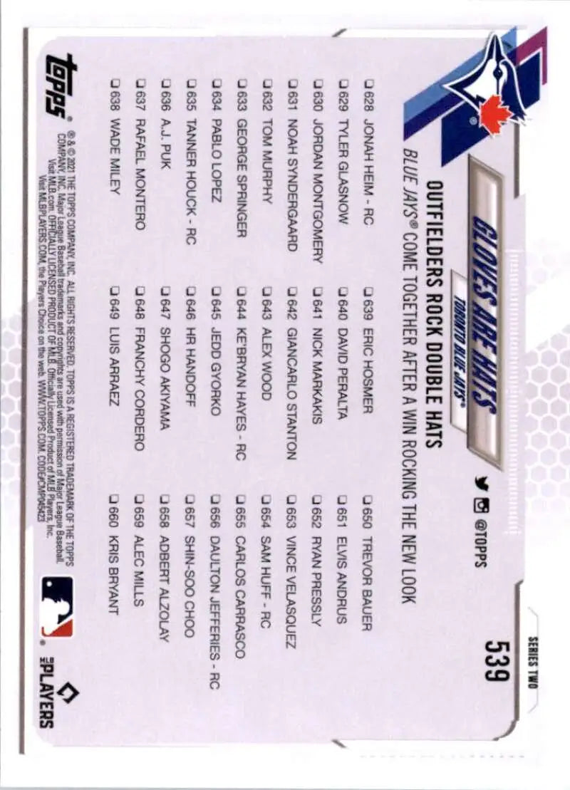 2021 Topps #539 Gloves are Hats NM-MT Toronto Blue Jays Baseball Card - Baseball Card Single