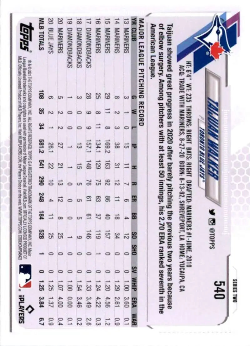 2021 Topps #540 Taijuan Walker NM-MT Toronto Blue Jays Baseball Card - Baseball Card Single