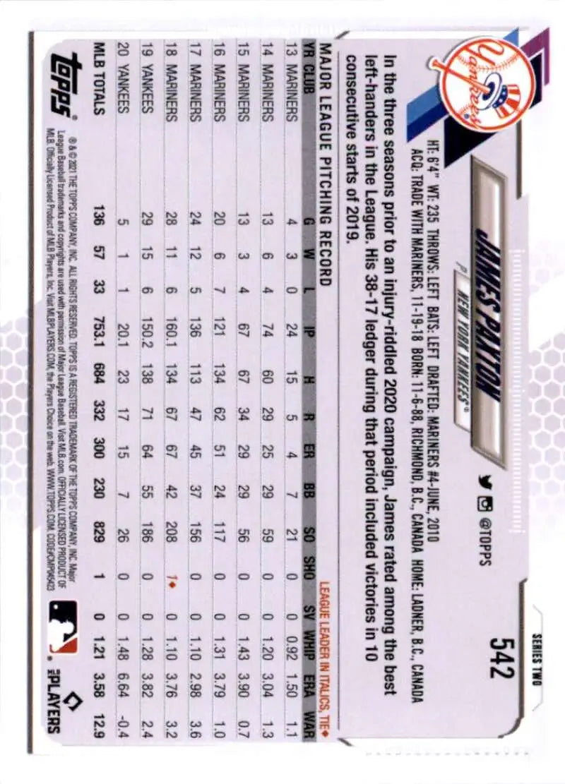 2021 Topps #542 James Paxton NM-MT New York Yankees Baseball Card - Baseball Card Single