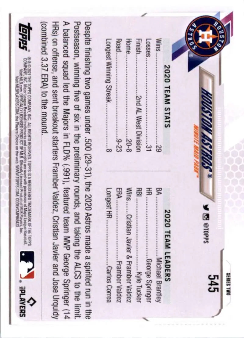 2021 Topps #545 Houston Astros NM-MT Baseball Card - Baseball Card Single