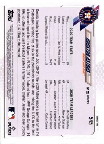 Houston Astros baseball card 2021 Topps NM-MT with original gloss