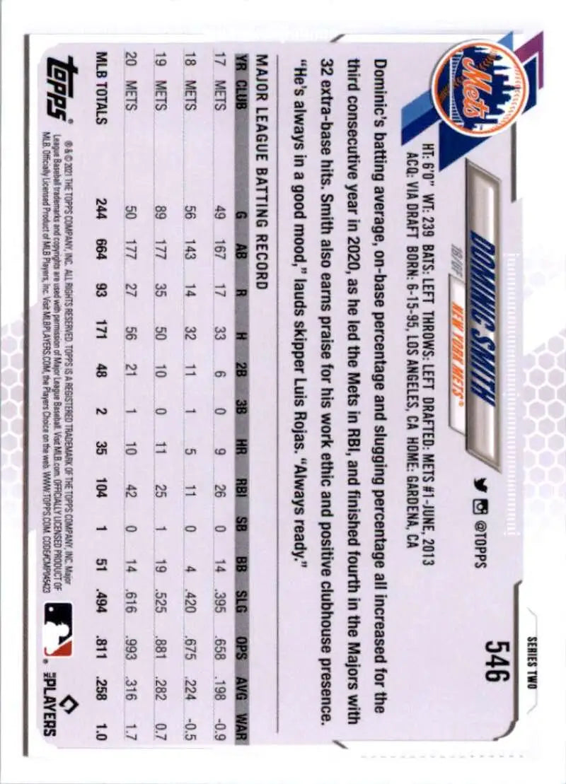 2021 Topps #546 Dominic Smith NM-MT New York Mets Baseball Card - Baseball Card Single