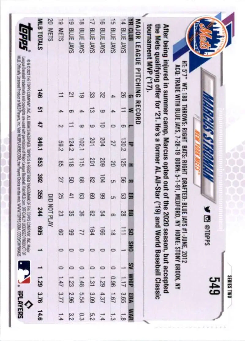 2021 Topps #549 Marcus Stroman NM-MT New York Mets Baseball Card - Baseball Card Single