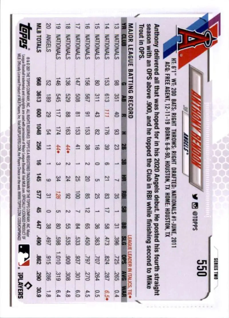 2021 Topps #550 Anthony Rendon NM-MT Los Angeles Angels Baseball Card - Baseball Card Single