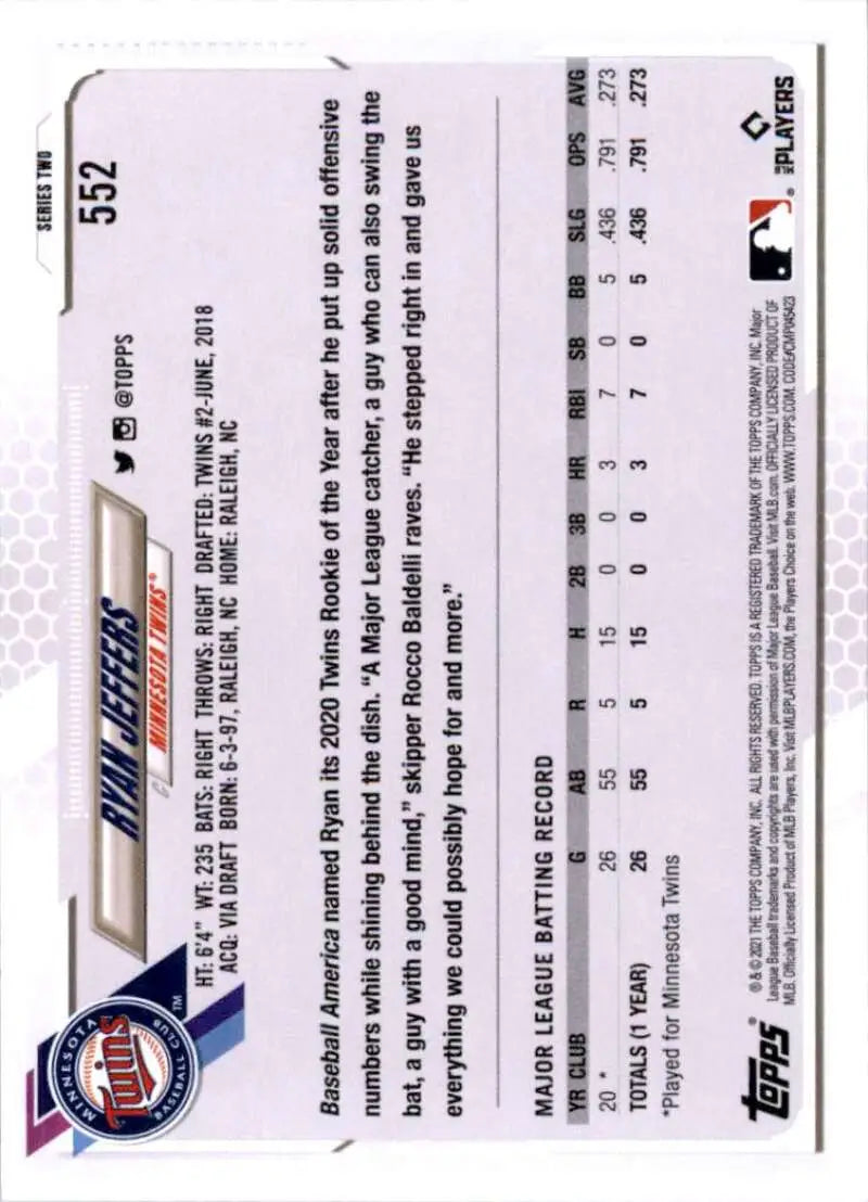 2021 Topps #552 Ryan Jeffers NM-MT RC Rookie Minnesota Twins Baseball Card - Baseball Card Single