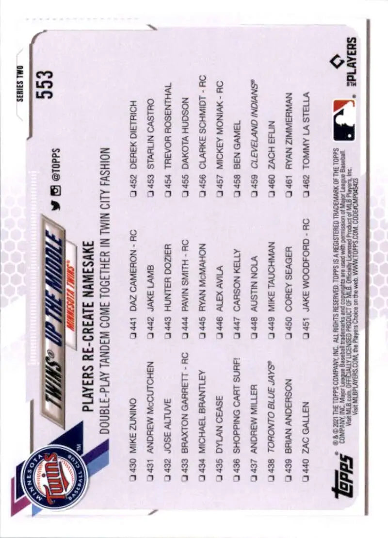 2021 Topps #553 Twins Up The Middle NM-MT Minnesota Twins Baseball Card - Baseball Card Single