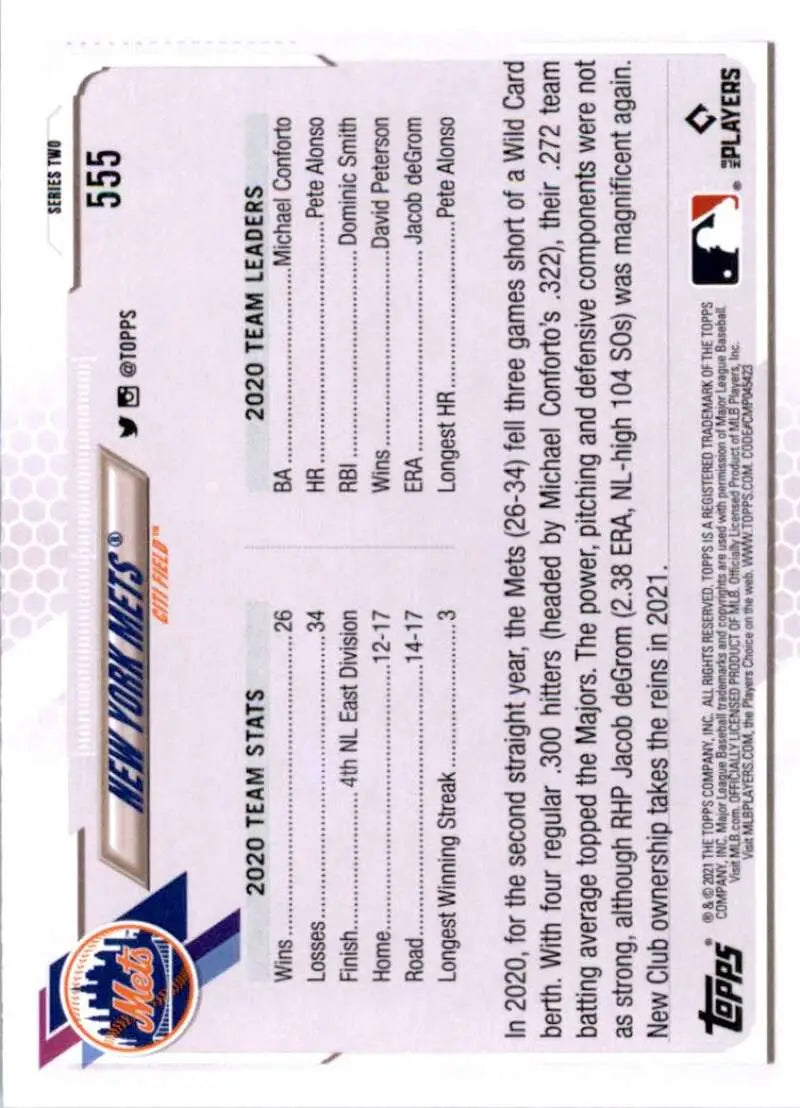 2021 Topps #555 New York Mets NM-MT Baseball Card - Baseball Card Single