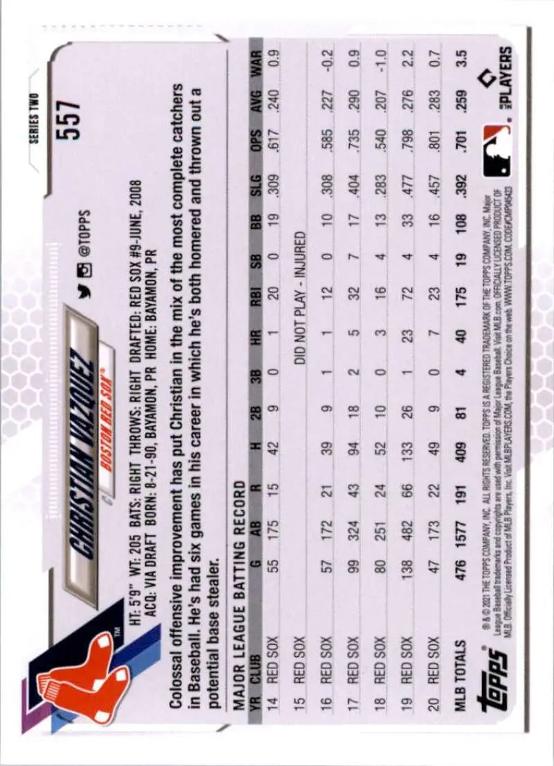 2021 Topps #557 Christian Vazquez NM-MT Boston Red Sox Baseball Card - Baseball Card Single
