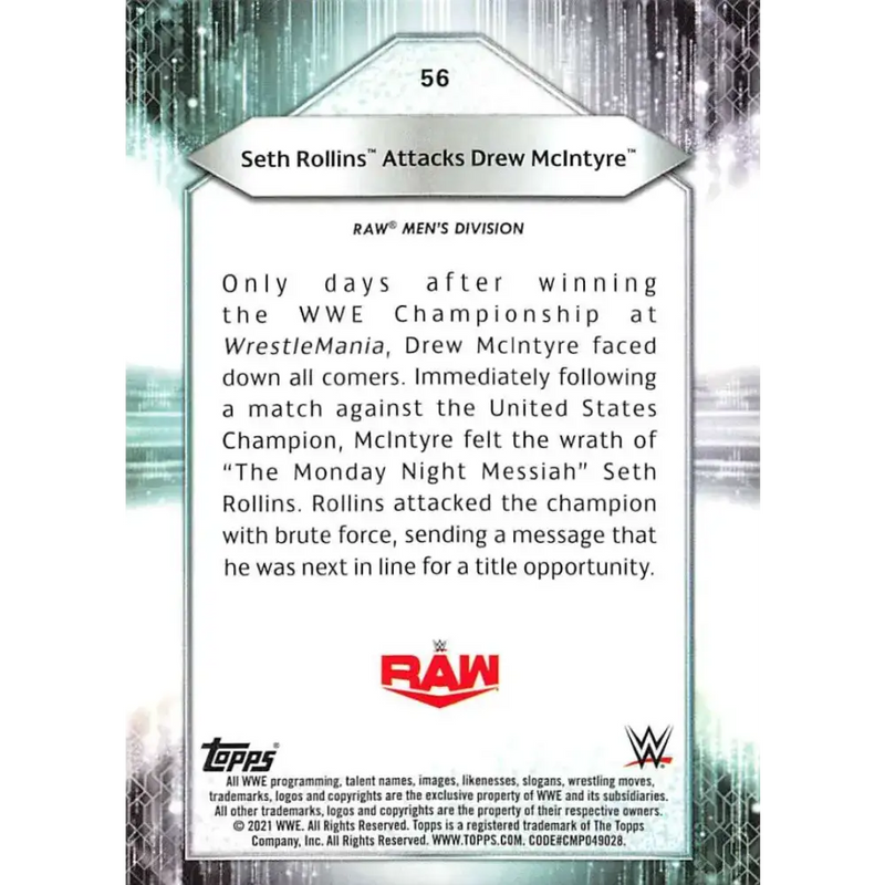 2021 Topps #56 Seth Rollins NM-MT Wrestling Card - Non-Sports Card Single
