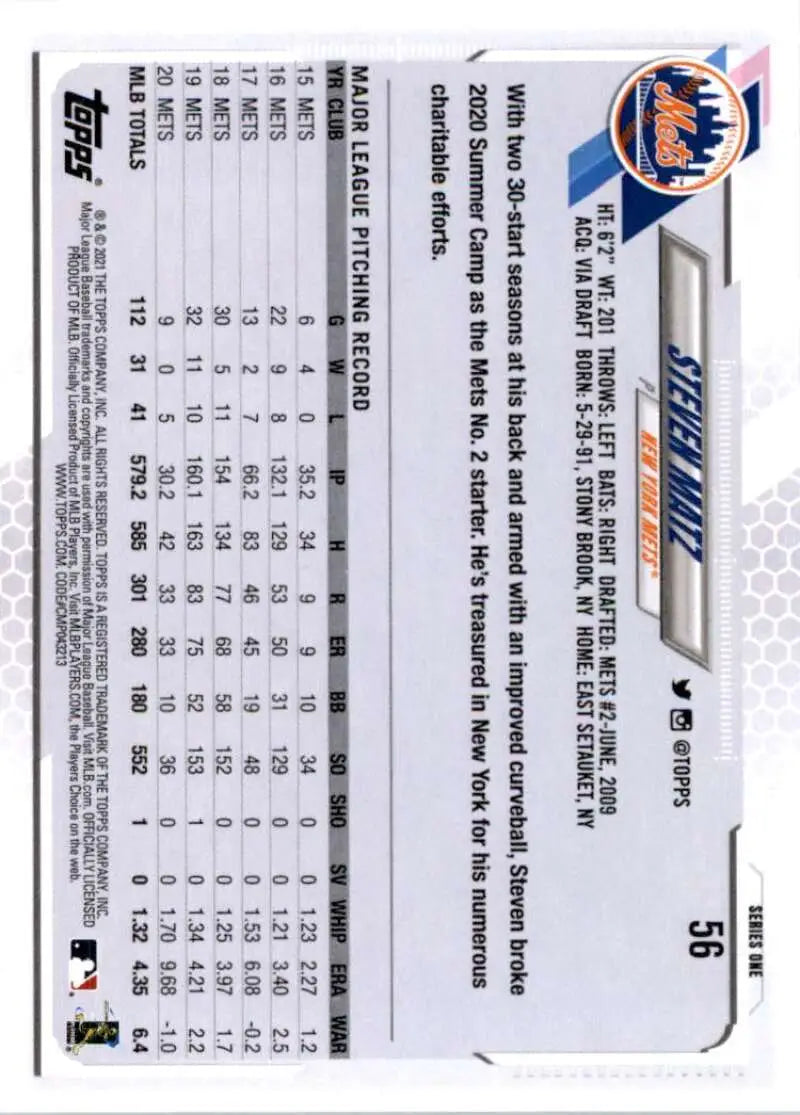 2021 Topps #56 Steven Matz NM-MT New York Mets Baseball Card - Baseball Card Single