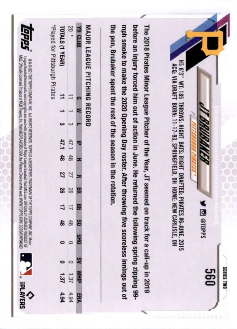 2021 Topps #560 JT Brubaker NM-MT RC Rookie Pittsburgh Pirates Baseball Card - Baseball Card Single