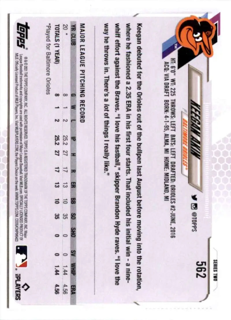 2021 Topps #562 Keegan Akin NM-MT RC Rookie Baltimore Orioles Baseball Card - Baseball Card Single