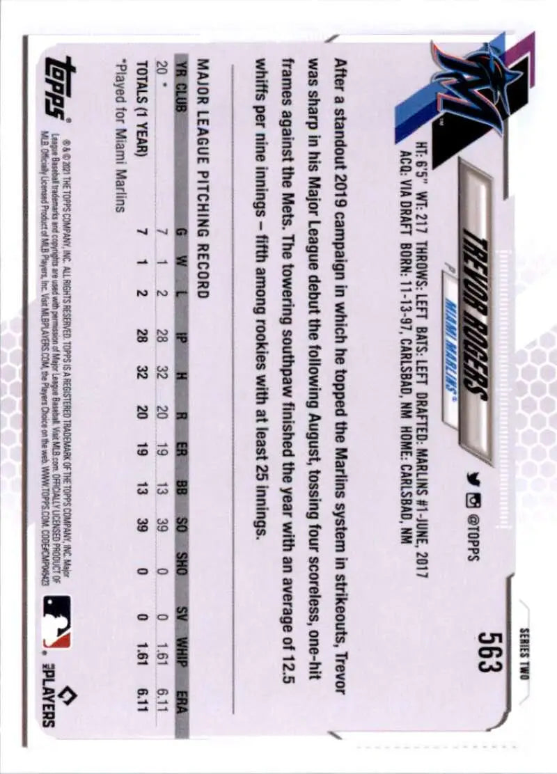 2021 Topps #563 Trevor Rogers NM-MT RC Rookie Miami Marlins Baseball Card - Baseball Card Single