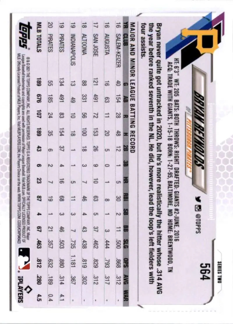 2021 Topps #564 Bryan Reynolds NM-MT Pittsburgh Pirates Baseball Card - Baseball Card Single